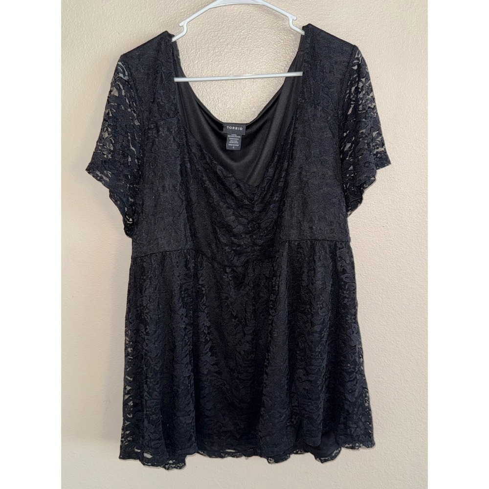 Torrid Womens Black Floral Lace V-Neck Babydoll Top Short Sleeve Plus Size 4